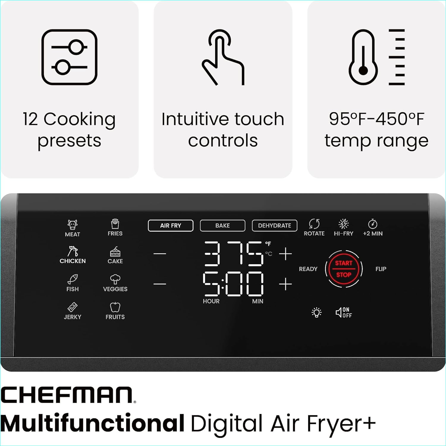 Strak Air Fryer Oven - 12-Quart 6-in-1 Rotisserie Oven and Dehydrator, 12 Presets with Digital Timer and Touchscreen, Family Size XL Airfryer Countertop Convection Oven, Dishwasher-Safe Parts, Black