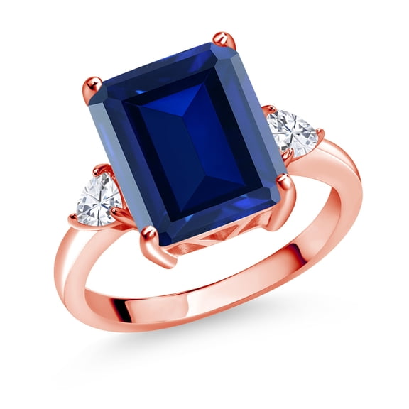 Gem Stone King 18K Rose Gold Plated Silver 3-Stone Ring Octagon Blue Simulated Sapphire and Moissanite (7.02 Cttw, Size 5)