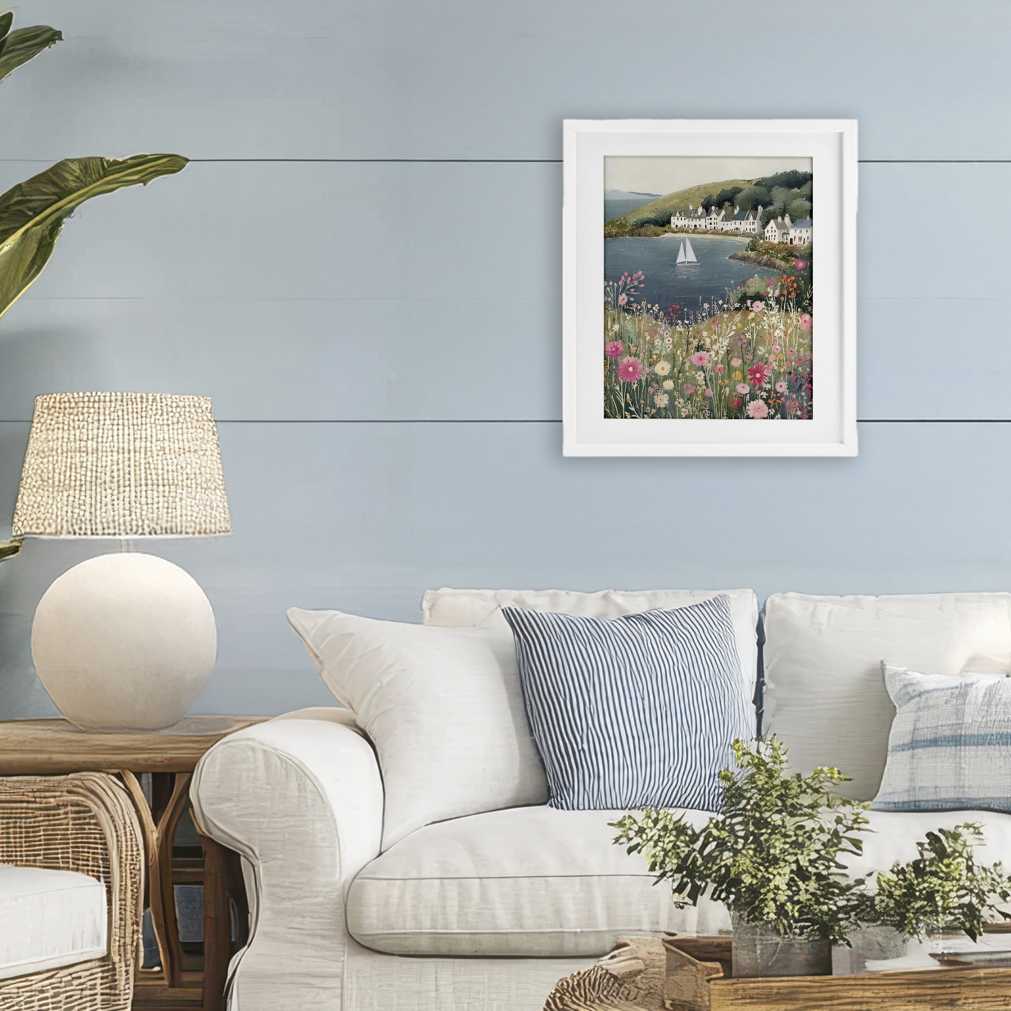 Stupell Industries Clifftop Meadow & Sailboat White Framed Print Under Glass, design by Riley B