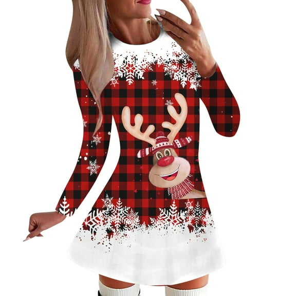 Womens Summer Dresses, Dresses for Women,Women's 2023 Fashion Casual Christmas Party Dress Long Sleeve Round Neck Snowflake Print Holiday Elegant Comfortable Stylish