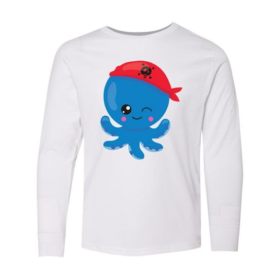 Inktastic Pirate Octopus, Blue Octopus With Red Pirate Hat Long Sleeve Youth T-Shirt