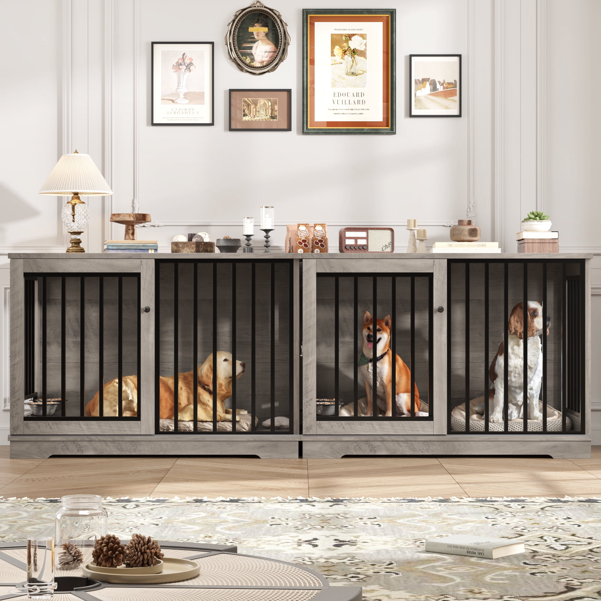 Homfa Dog Crate Furniture, 47.2''W Wooden Indoor Dog Cage Table with Sliding & Lockable Doors, Gray