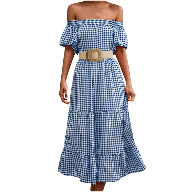 Robes d'Été pour Femmes Mode Plage Robes d'Été Décontractées Manches Courtes Vacances Plage Poches Longue Robe