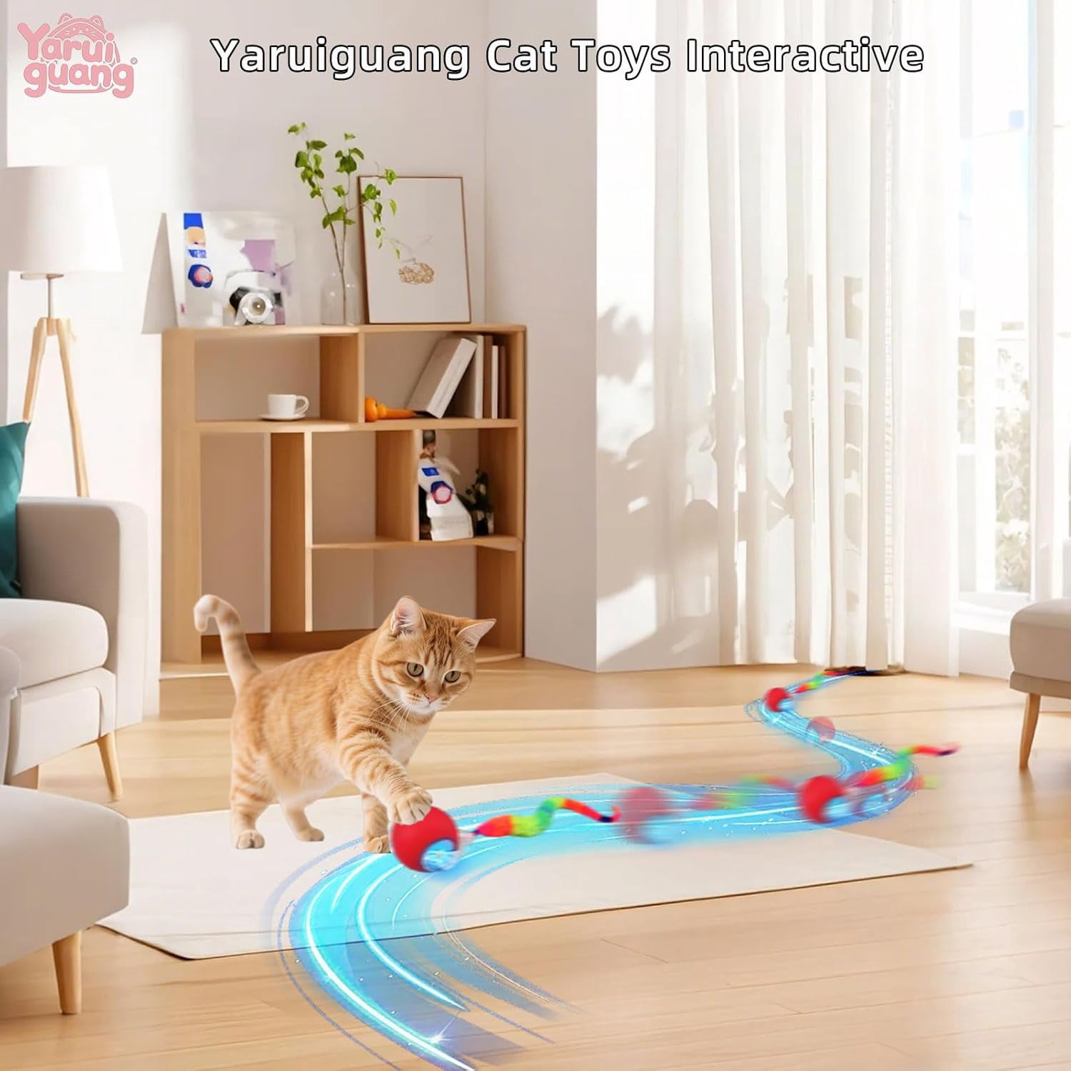 Speedy Tail 2.0 Cat Toy – 2 Replaceable Tails, Controllable Chirping, Motion Activated Rolling Ball, USB Rechargeable – Enrichment & Exercise for Bored Indoor Cats, Kittens (Red)