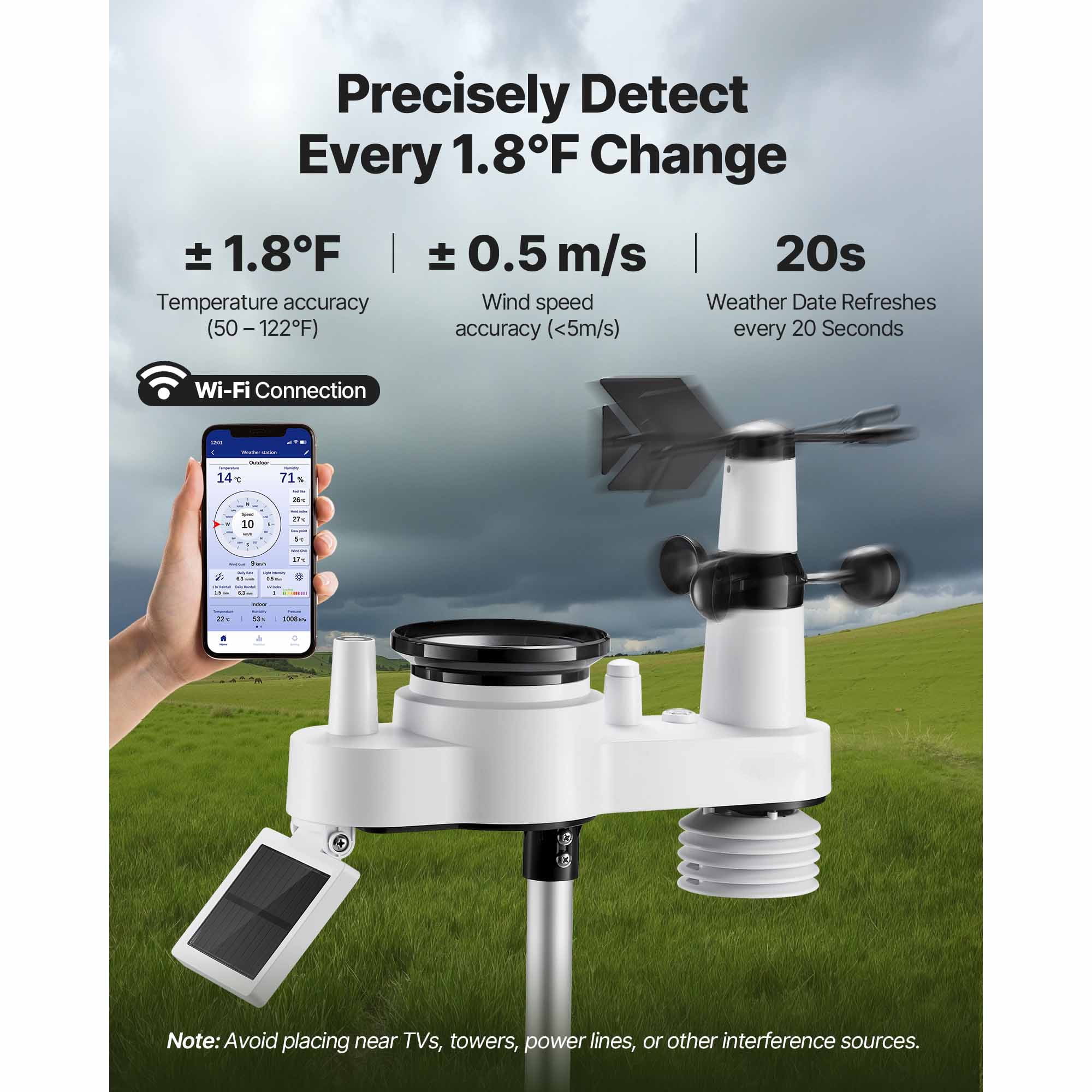KFFKFF 7-in-1 Wi-Fi Weather Station with 7-Inch TFT Screen, Solar-Powered Wireless Outdoor Sensor, Rain Gauge, and Indoor-Outdoor Monitoring for Weather Updates, Wind, Temperature, Humidity