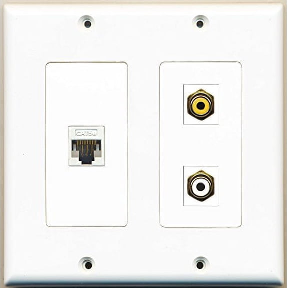 RiteAV - 1 Port RCA White 1 Port RCA Yellow 1 Port Cat5e Ethernet White - 2 Gang Wall Plate