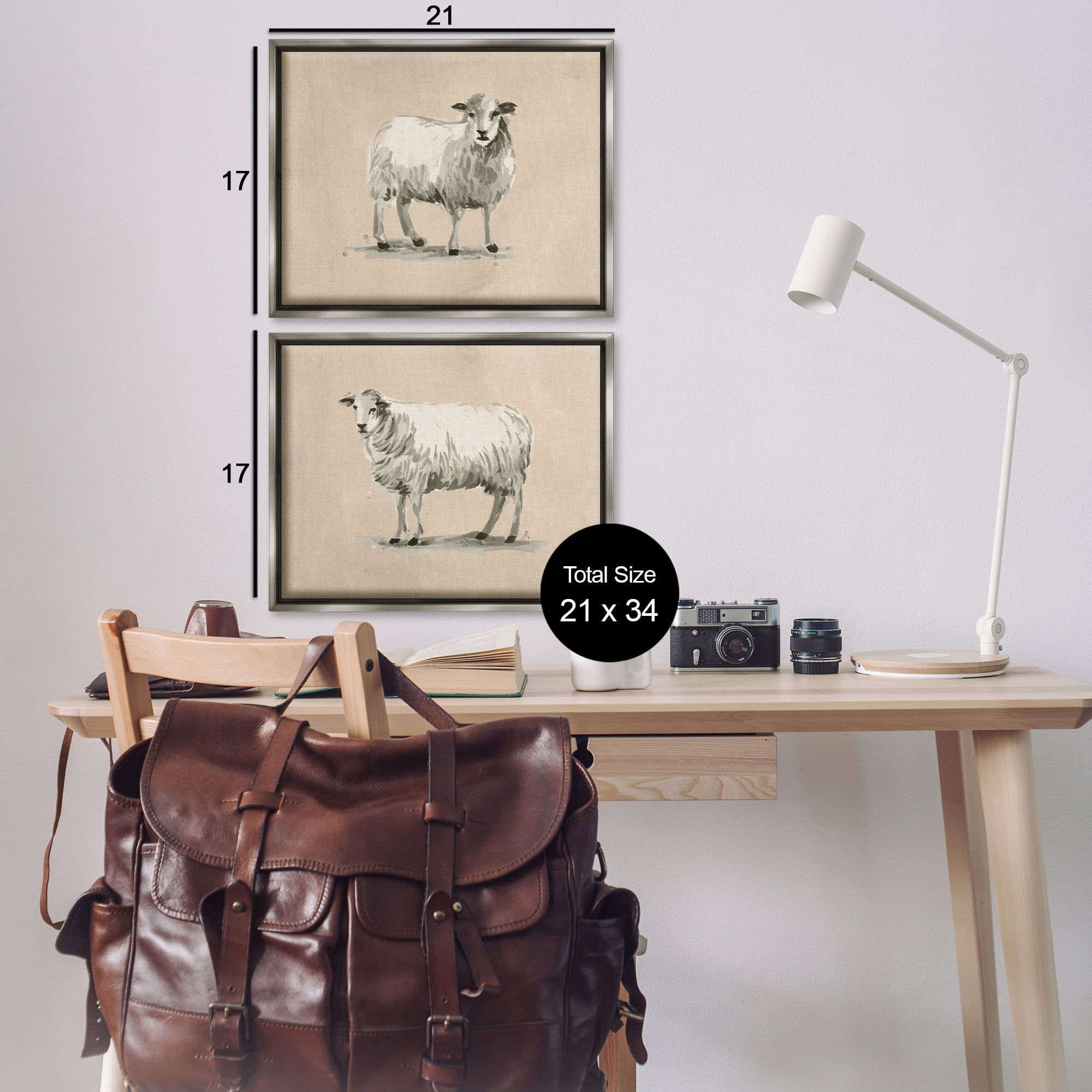 Stupell Industries Beige Sheep Portrait Animals Painting Gray Floater Framed Canvas Art Print Wall Art, 21 x 17, Set of 2