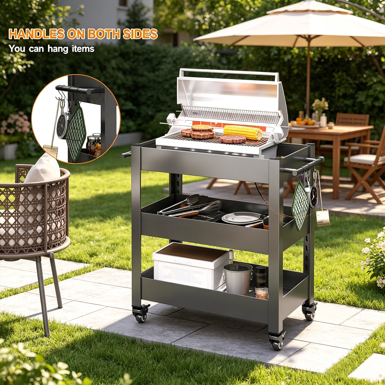 Heavy-Duty Grill Cart with 3-Tier Storage and Pegboard for BBQ