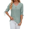 thumbnail image 3 of SLADYGLO Women V Neck Buttons Decorative Drawstring 3/4 Sleeve Cutout Top, 3 of 7