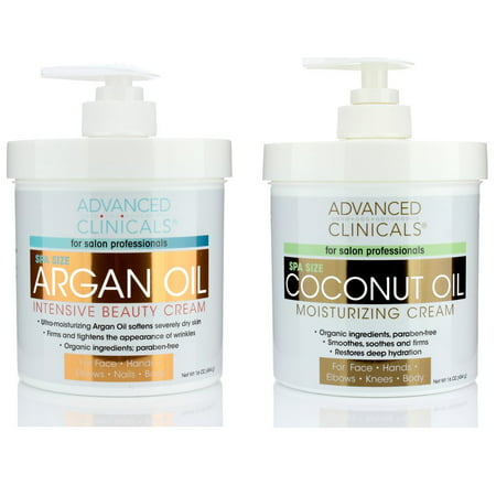 Advanced Clinicals Coconut Oil Cream and Argan Oil Cream Set. Value skincare set contains best-selling Coconut Oil and Argan Oil. Anti-aging creams for face, hands, body. Two spa size 16oz (Best Oil For Face And Body)