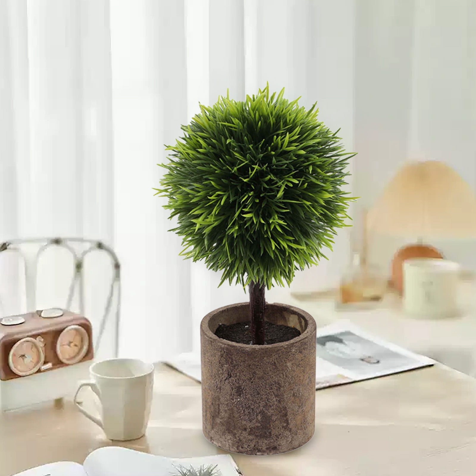 RuiJiao Artificial Green Grass Ball Potted, Fake Shrubs Ball Plant Decoration, Faux Small Boxwood Topiary, Home Office Desk Table Room