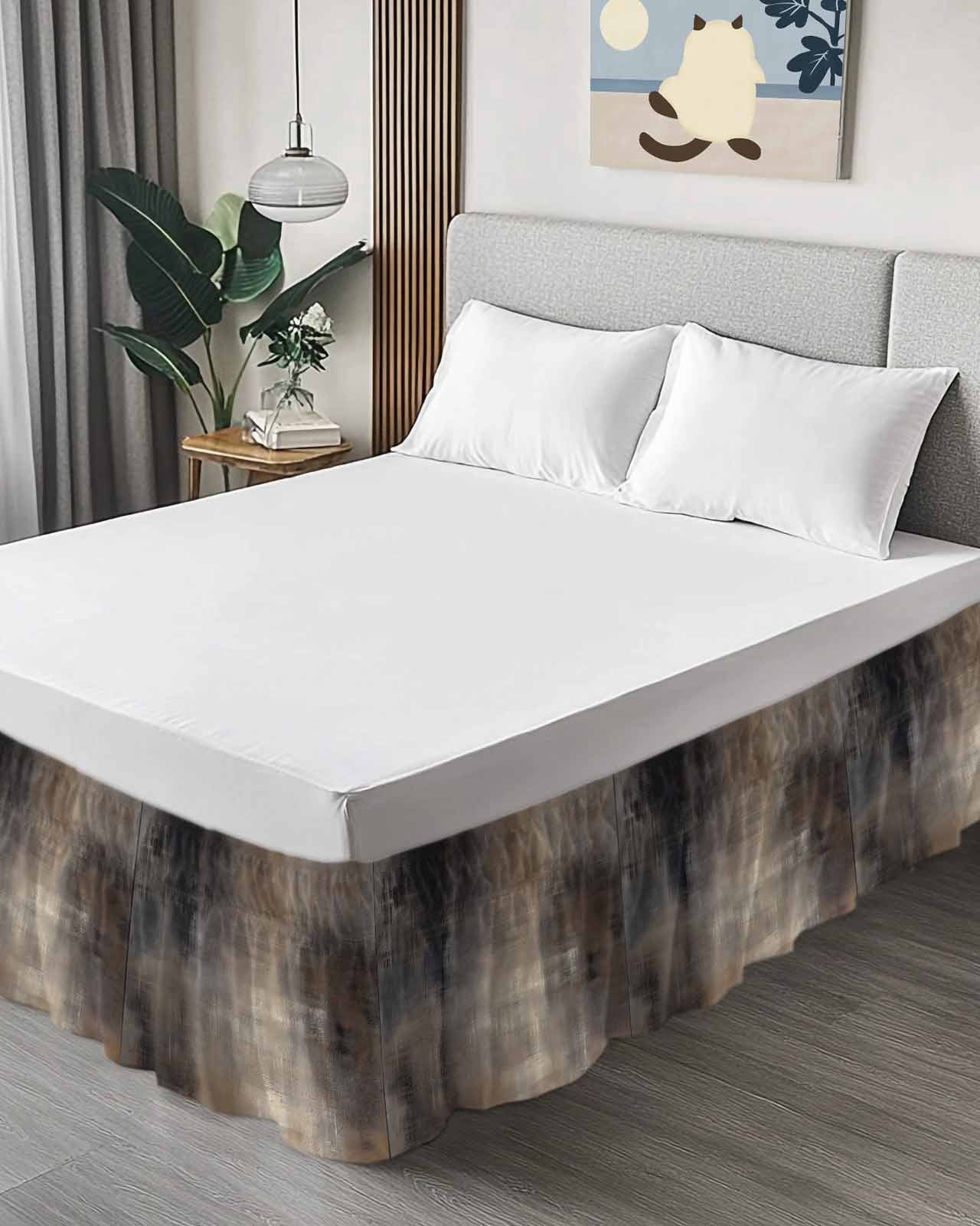 Brown Wrap Around Bed Skirts for Queen Bed 16" Drop, Bed Skirt with Adjustable Elastic Belt Dust Ruffle Bed Valance for Bedroom Hotel Luxury Modern Abstract Art Ombre Oil Painting Bed Frame Cover