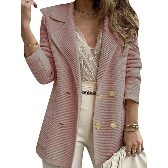 Women Long Sleeve Double Breasted Blazer Jackets Lapel Ribbed Open Front Fall Blazer Coats with Pockets Pink L