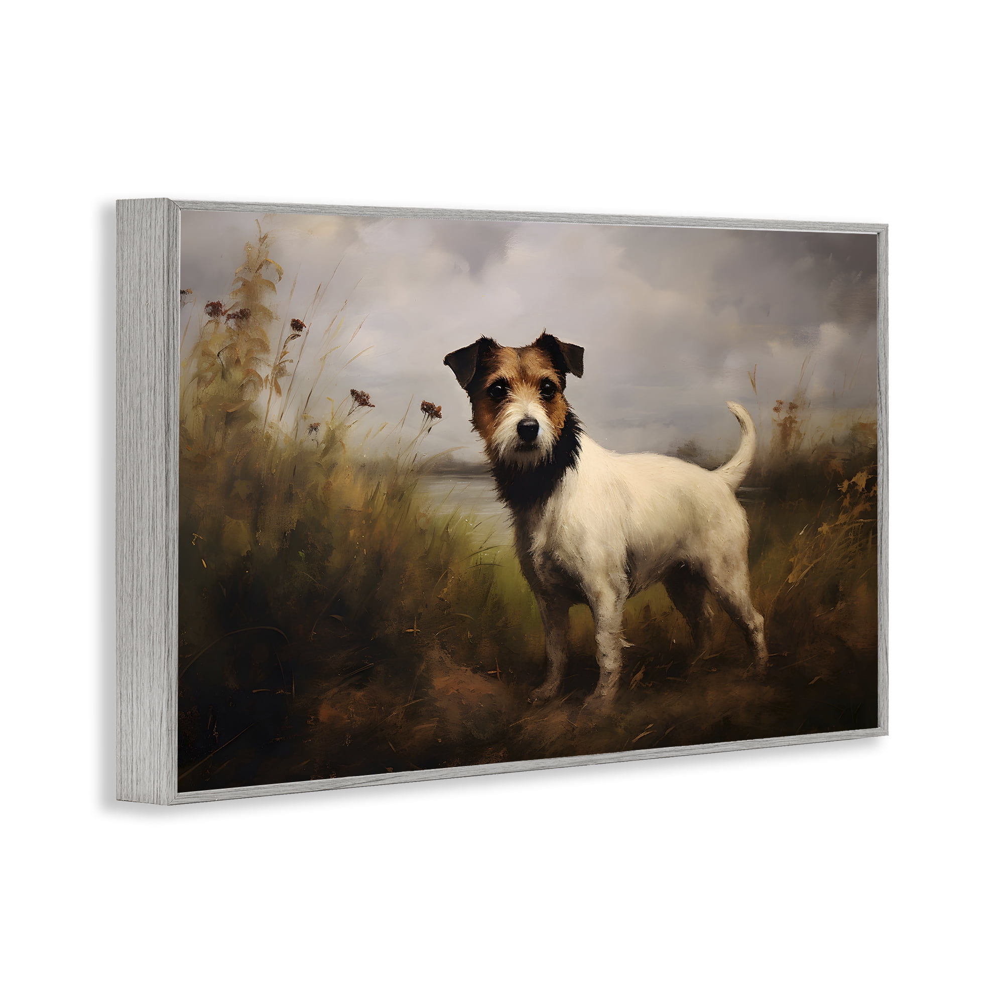 Stupell Industries Jack Russell Terrier Landscape Landscape Painting Gray Framed Art Print Wall Art, 30 x 20