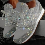 Women's Casual Lace Up Sneakers Breathable Crystal Sparkling Sneakers Comfortable Sparkling Rhinestone Flat Heels