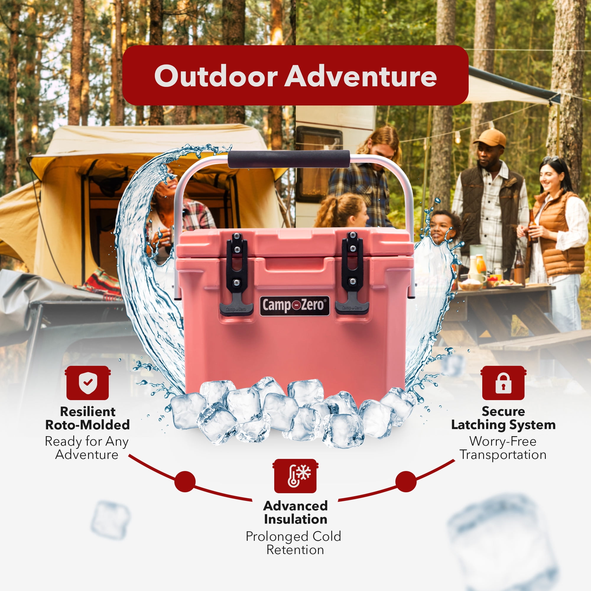 CAMP-ZERO 10 Liter 10.6 Quart Cooler with 2 Molded In Cup Holders, Coral