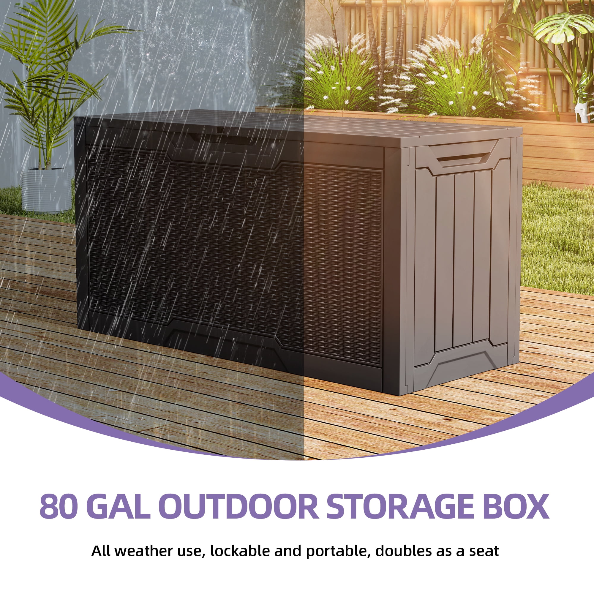 Uforic 80 Gallon Resin Deck Box, Waterproof Lockable Rattan Outdoor Storage Box for Patio Cushions Garden Tools