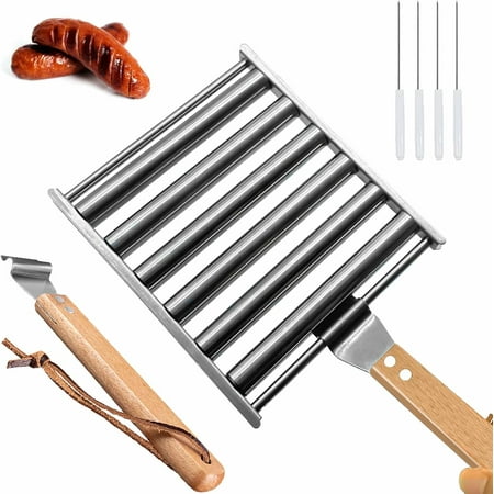 

Hotdog Roller Grill Stainless Steel Sausage Roller Rack with Wood Handle BBQ Hot Dog Roller for Grill Hot Dog Roller Basket 5 Hot Dog Capacity