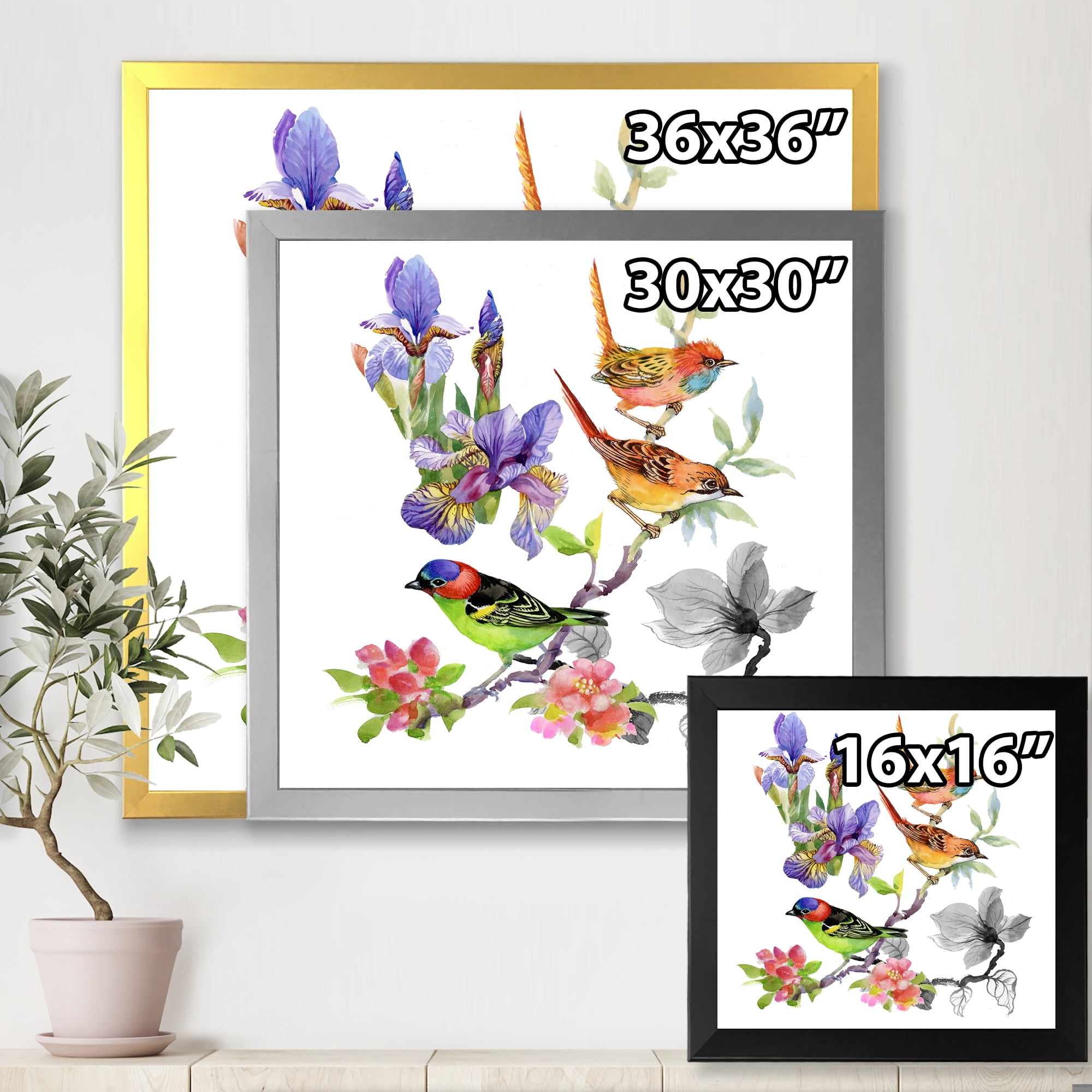 Designart 'Colourful Birds and Tropical Flowers I' Traditional Framed Art Print