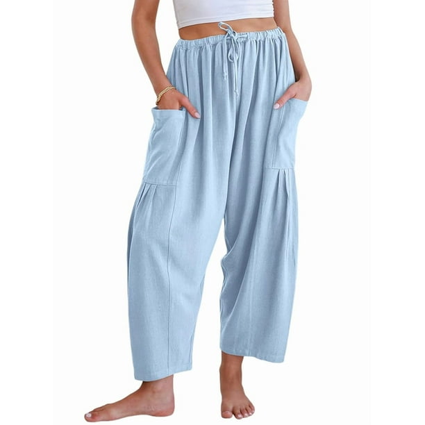 Pantalones Palazzo Harem Informales Holgados con Cordón para Mujer, para Verano, Playa, Viajes, Vacaciones, con Bolsillos. Azul XXL