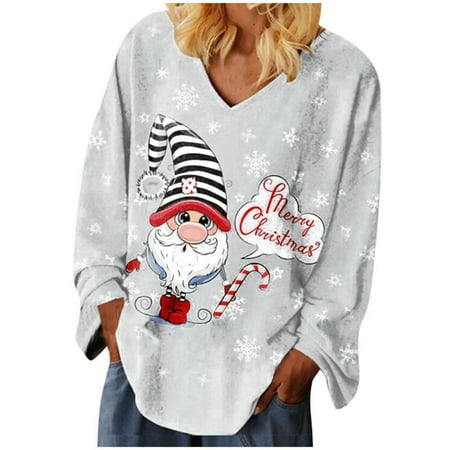 

Ziloco Women Long Sleeve Casual Shirts Pullover Loose Tunic Tops Christmas Tree Print V-Neck Blouse corset tops womens workout tops Gray XL