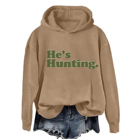Baqcunre Hoodie for Women He S Hunting Sweatshirt for Women Long Sleeve Crew Neck Shirt Womens Sweatshirt 1Pc Top Khaki XL