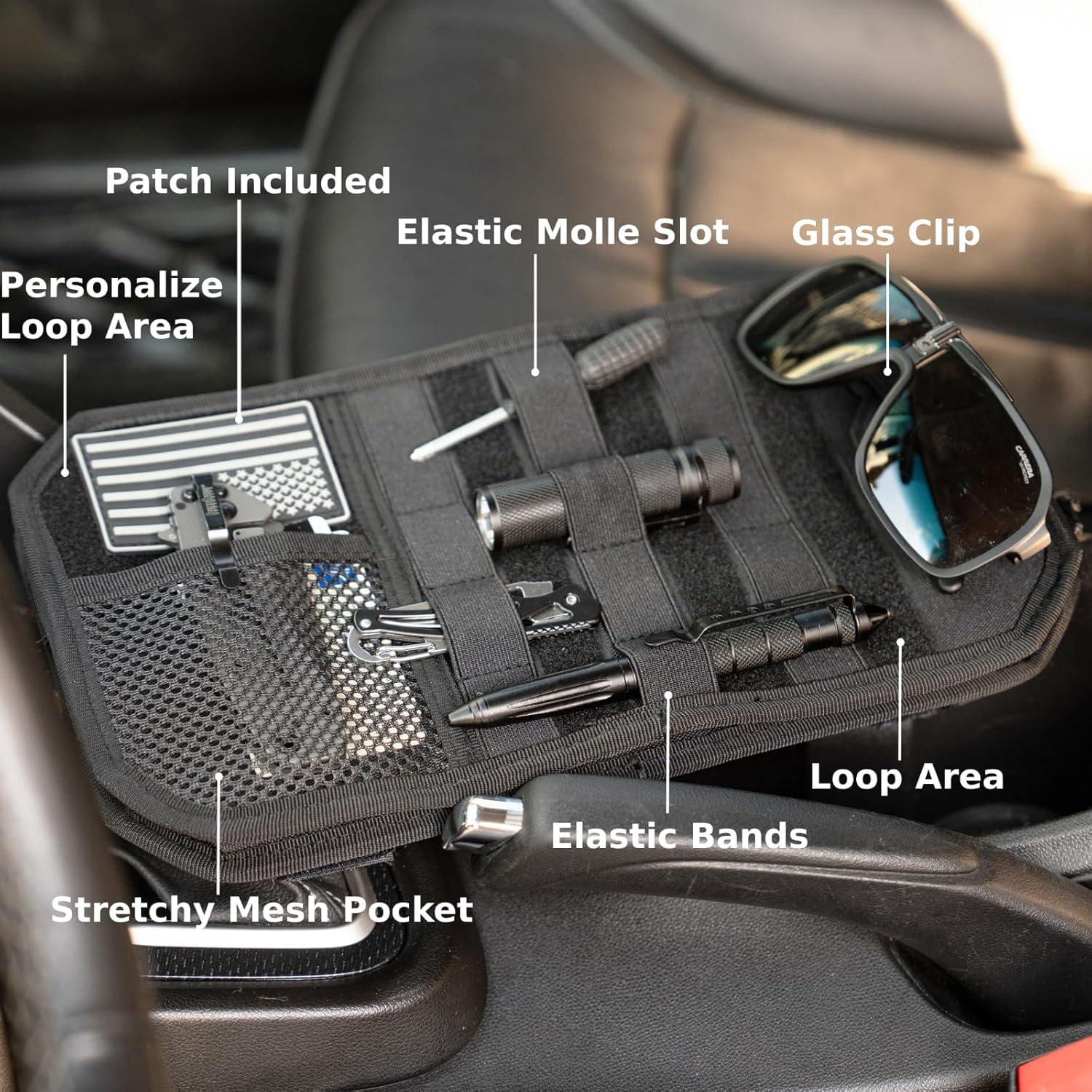 Car Visor Organizer, Sun Organizer for Trucks Cars SUVs, Tactical Accessories with Zipper Storage Pouch, Glasses Clip and Card Sleeve Pocket, Molle Panel (Black)