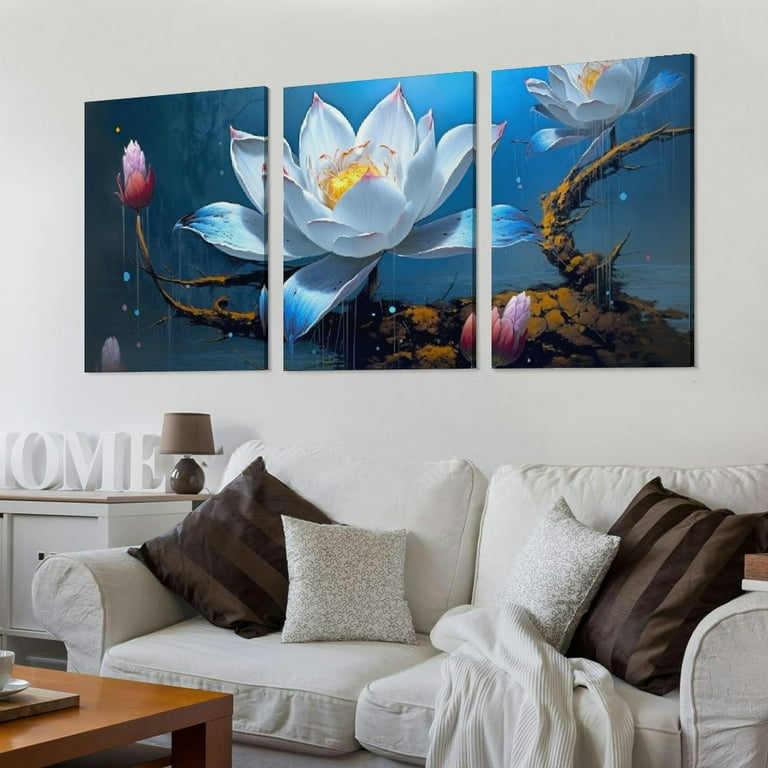 Lotus Print Wall Art, Lotus offers set of 2 Flowers, Blue Print Painting, Water Flower Canvas Art Print Watercolor Painting