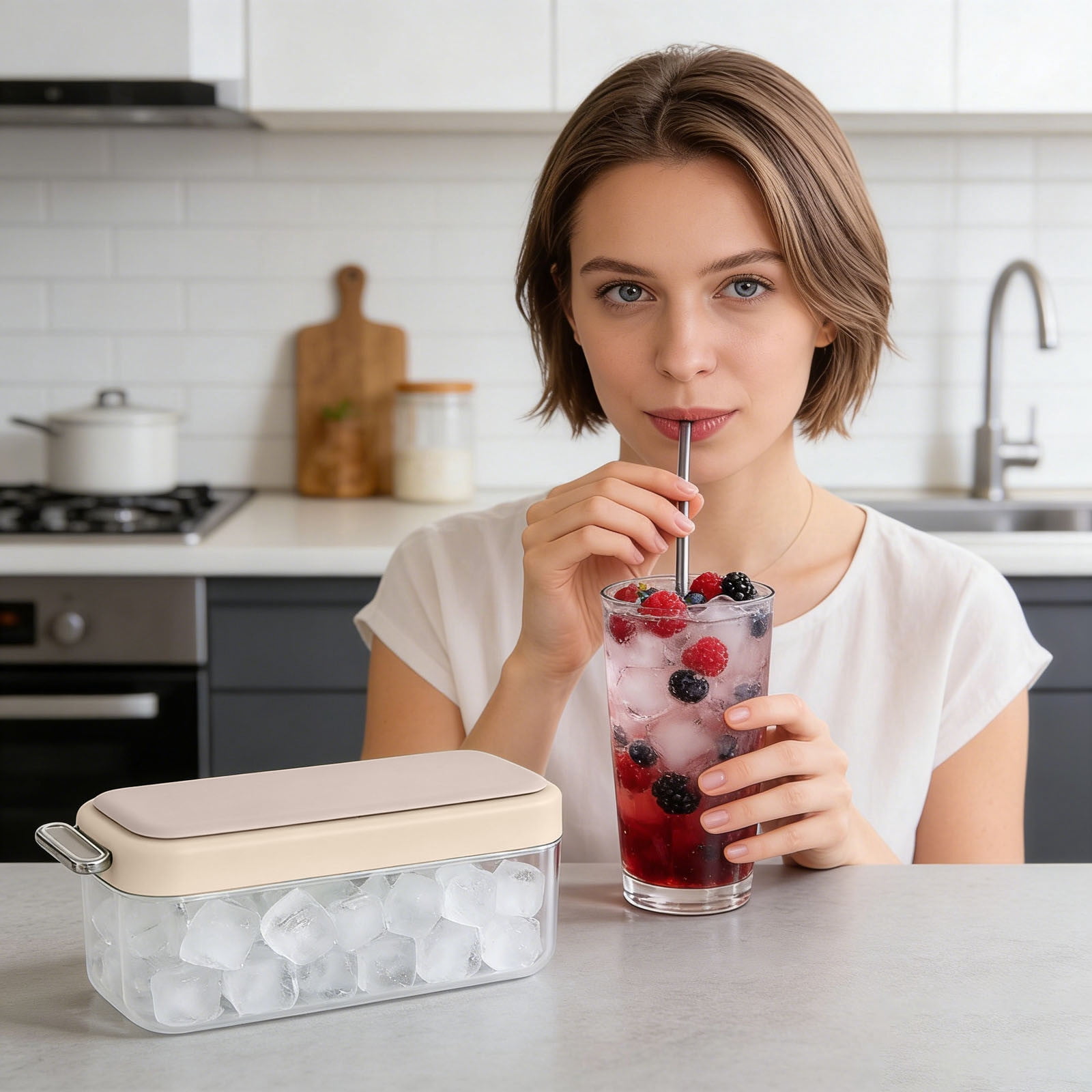 14-Cube Ice Cube Tray with Lid & Storage Bin, Pink Press-Type Ice Maker with Sealed Cover, Food-Grade Ice Mold for Freezer, Cocktails, Coffee, Drinks, Home Kitchen Use