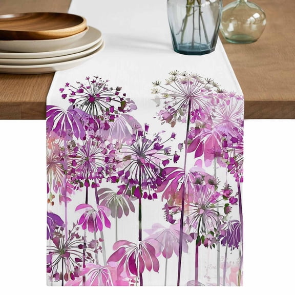 Spring Floral Cotton Linen Table Runner for Dining Kitchen, Pink Onion Dandelion Flowers Botanical Wedding Outdoor Party Tablerunners Decoration, Dresser Scarf Coffee Tablecloth Runners 13x70 Inches