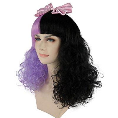 womens two tone long curly wigs with straight bangs pink satin ribbon bows for cosplay themed party lavender and black