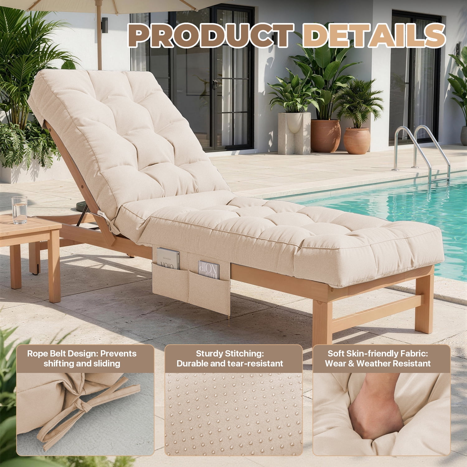 BaPiPro Beige Outdoor Chaise Lounge Cushion with Side Pocket, Triple Non-Slip Fixation, All-Weather Durable & Soft Fabric, Thickened Padding, Ideal for Patio and Poolside Use