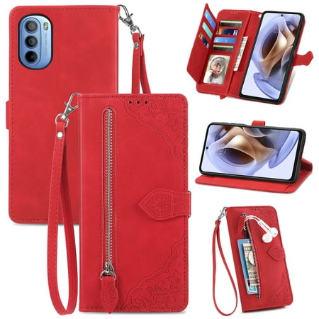 for Motorola Moto G31 Wallet Case, [Flower Embossed] Premium PU Leather Wallet Flip Protective Phone Case Cover with Card Slots and Stand with Wrist Strap for Motorola Moto G31,Red
