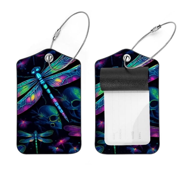 PhooArto 2 Pcs Luggage Tags, Neon Dragonfly Skull Pattern Privacy Cover ID Label with Stainless Steel Loop and Address Card for Travel Bag Suitcase