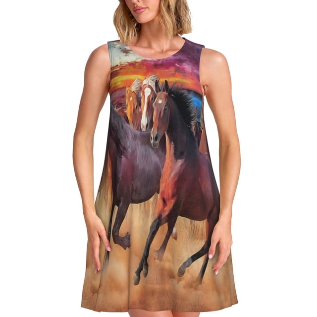 Balery a herd of horses Vestidos de verano para mujer con estampado: vestido holgado sin mangas, vestido playero informal y cómodo para días calurosos.