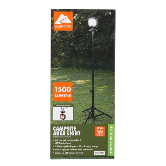 Ozark Trail Rechargeable Campsite Area Light, 1500 Lumens, 180 Degree Rotating Head, 3 Modes, IPX4 Waterproof