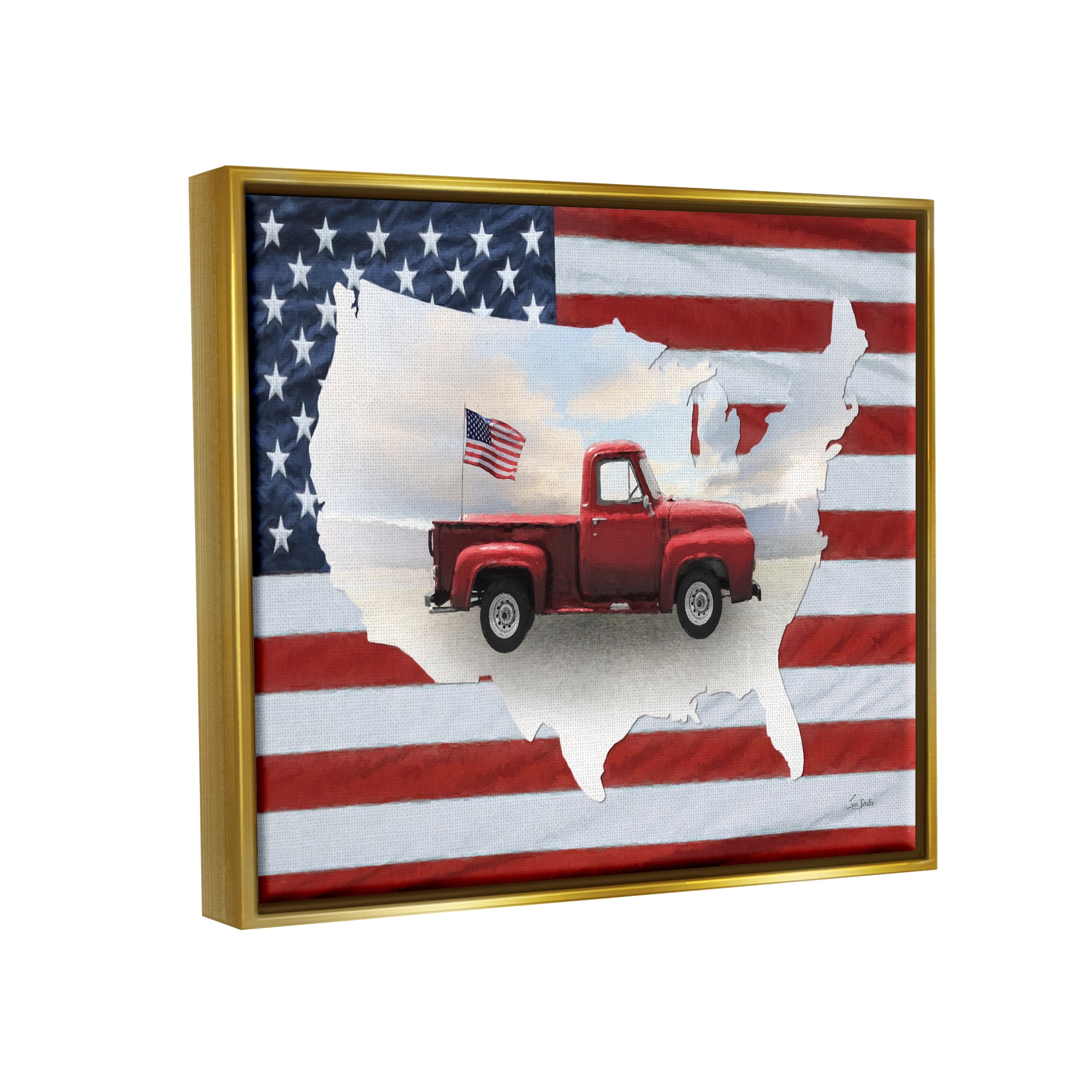 Stupell Industries Farmhouse American Flag Transportation Painting Gold Floater Framed Art Print Wall Art, 21 x 17