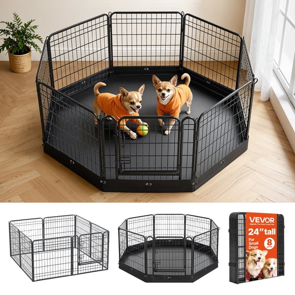 VEVOR Dog Playpen 24 Inch 8 Panels Foldable Exercise Pen with Bottom Pad, Indoor Metal Pet Fence with Door, Heavy Duty Puppy Crate Kennel, Pet Playpen for Dogs, Cats, and Other Small Animals, Black