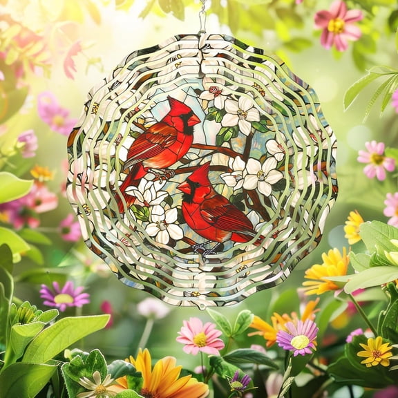 HELLOYOUNG 10inch Cardinals in Flower Garden Wind Spinner - Hanging Decor. Weather Resistant, Kinetic Spinning Design. Perfect Outdoor Yard Garden Ornament, Vibrant Bird-Themed Wind Sculpture