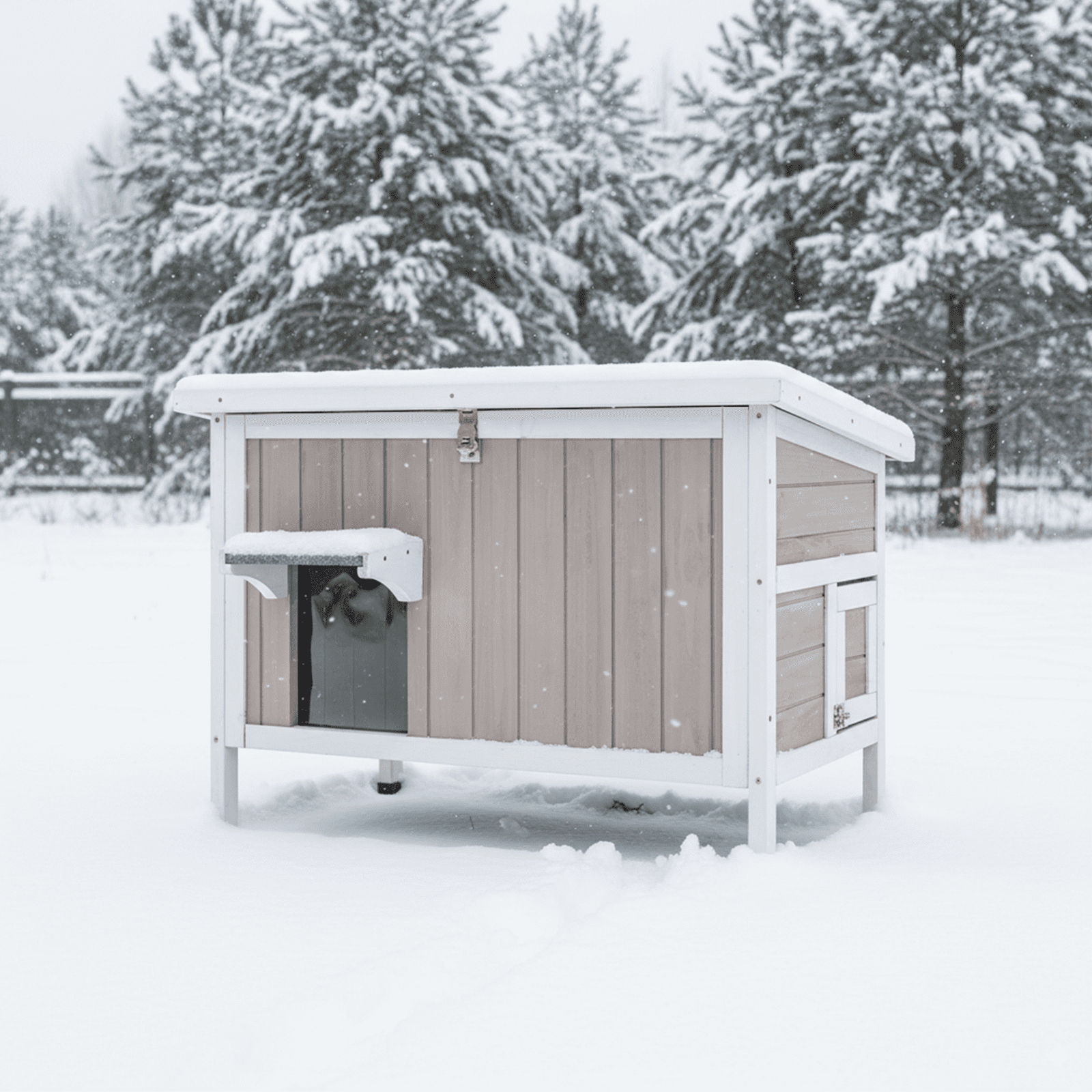 Gowoodhut Cat House Insulated Wooden Cat Shelter for Outdoor with Escape Door, Gray