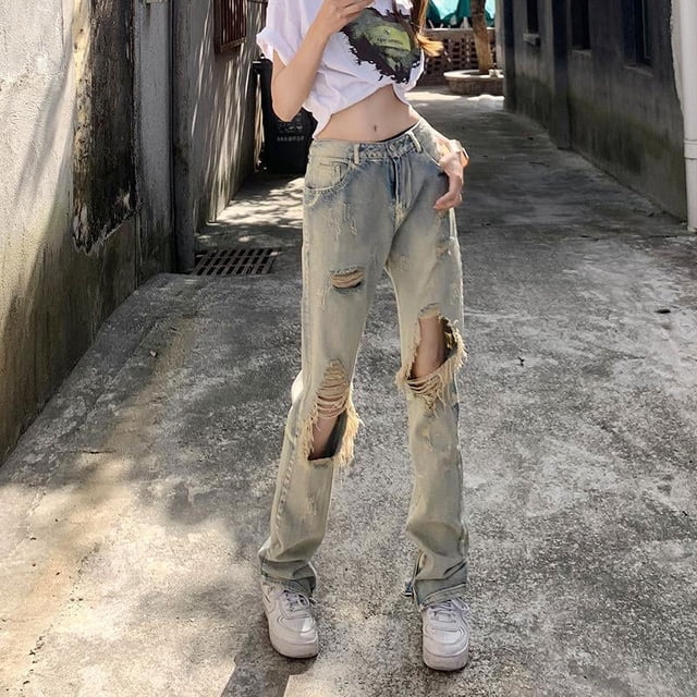Pantalones vaqueros retro rotos para mujer, diseño de verano, estilo urbano, pierna recta, únicos