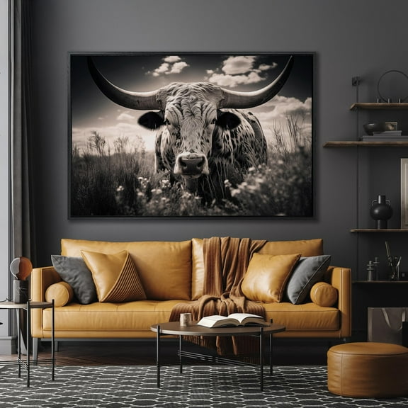 Black White Texas Longhorn Cow Wall Art Decor Farmhouse Horned Animal Art Wall Art Wildlife Rustic Poster Ready To Hang Home Decor UNFRAMED Poster, Wall Art for Decor, Present, 8x12