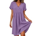 thumbnail image 2 of AKOEE Women's Summer Dress Cotton Linen Pleated V Neck Boho Beach Knee Length Short Dress with Pockets (2XL, Purple), 2 of 8