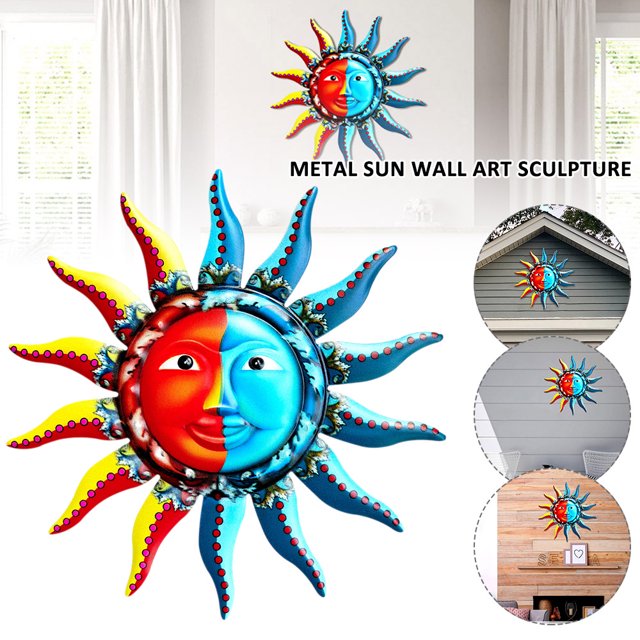 Muyoka Sun Moon Estatua Metal Sol y Luna Arte de la pared Decoración 3D Creativo Metal Sol Luna Arte de la pared Escultura Colgante Adorno para el hogar Patio Cercado Porche (12.7 pulgadas) Muyoka Hogar