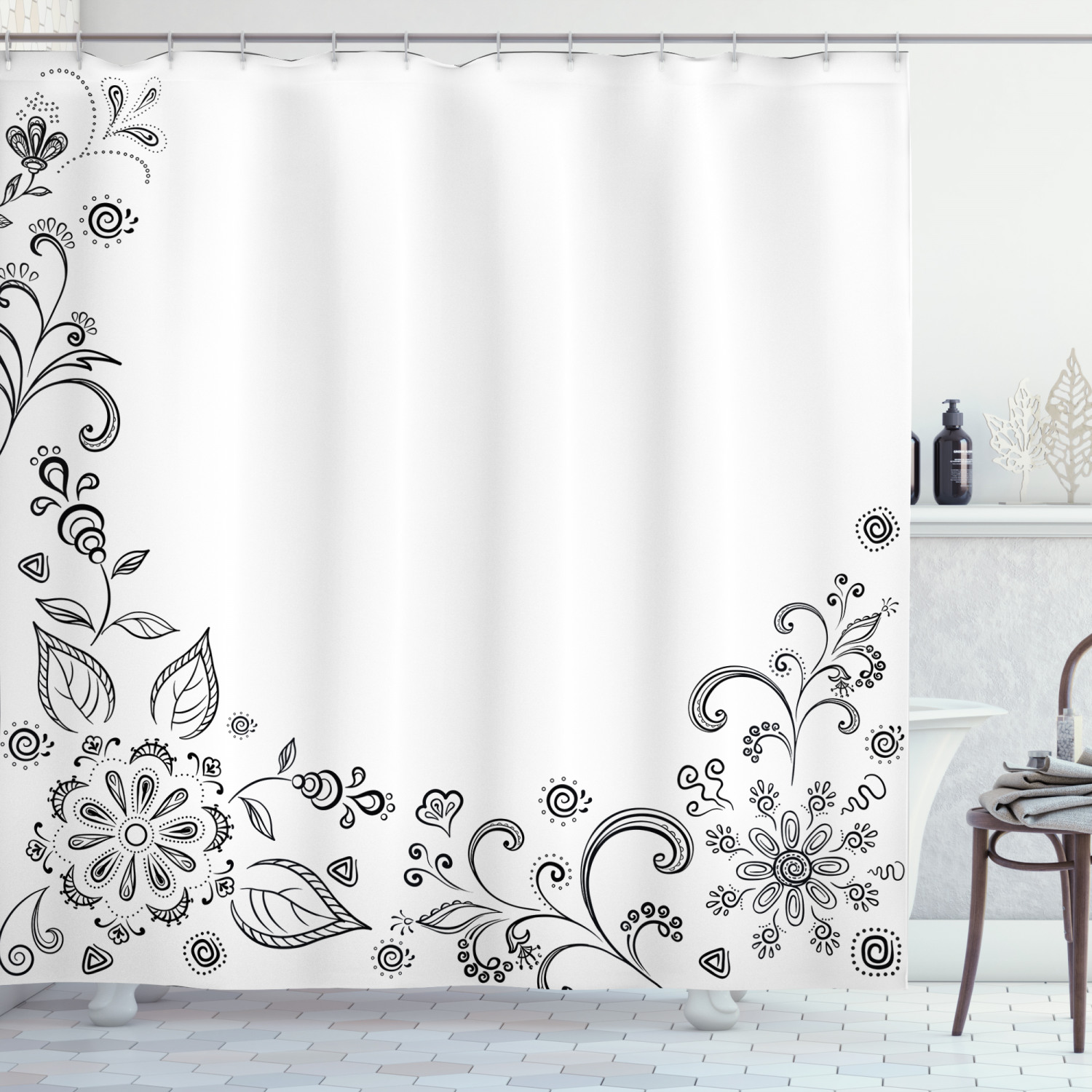 Black and White Shower Curtain, Monochrome Floral Framework Herbs