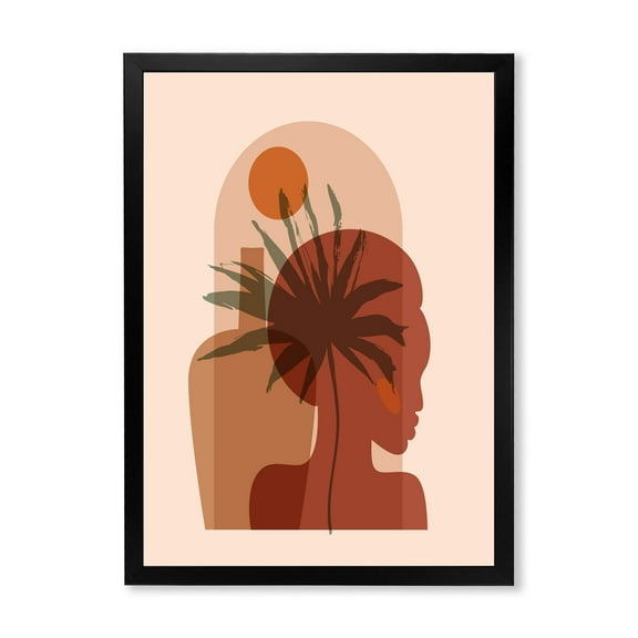 Designart 'Abstract Pretty Girl Portrait and Tropical Palm Leaf' Modern Framed Art Print