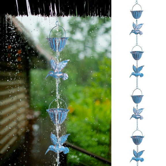 Sutowe Hummingbird and Cup Rain Chain Metal Rain Catcher Chain Functional Replacement for Downspout Outdoor Garden Decor for Outside Blue