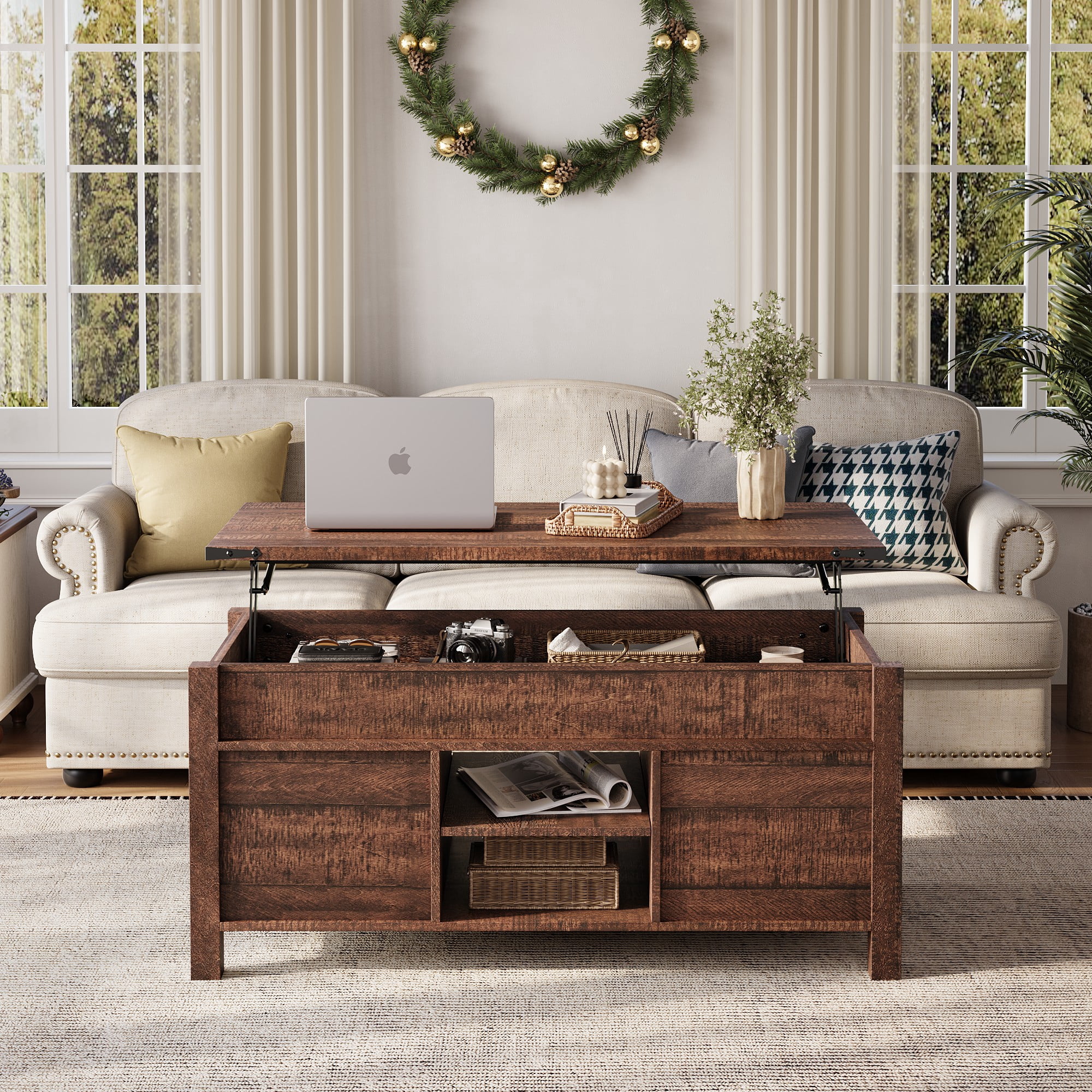 Keywhat 48" Farmhouse Lift Top Coffee Table with Sliding Barn Door and Hidden Storage Compartment for Living Room, Office , Reclaimed Barnwood
