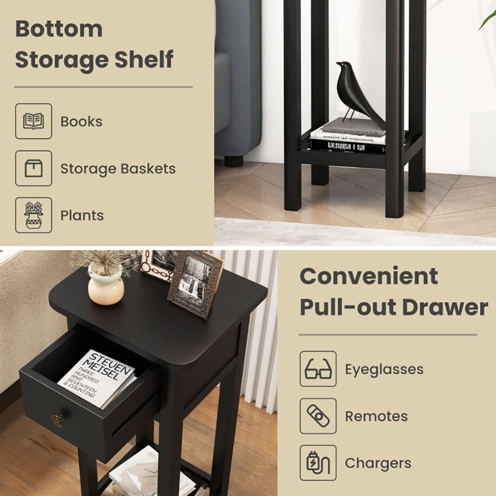 Finihen End Table, Nightstand, 2 Tier Slim Nightstand Bedside Table with Drawer Shelf, Sofa Side Table, Bed Side Table, for Living Room, Bedroom, Black Finihen End Table, Nightstand, 2 Tier Slim Nightstand Bedside Table with Drawer Shelf, Sofa Side Table, Bed Side Table, for Living Room, Bedroom, Black