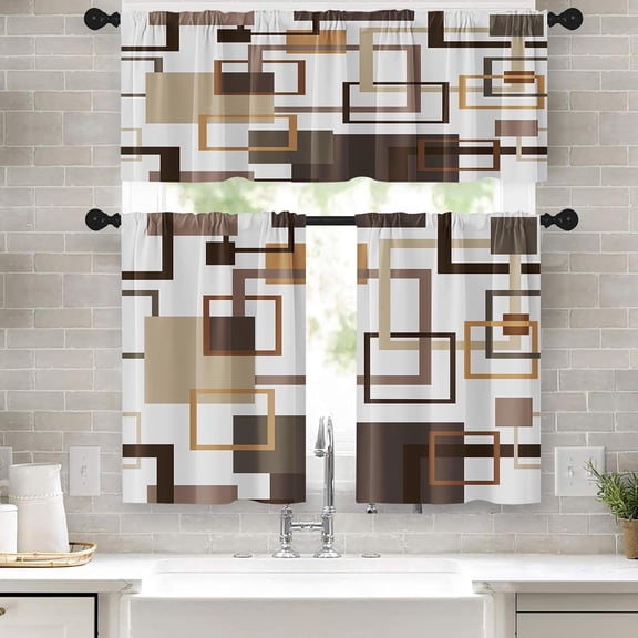 Kitchen Curtains Sets for Windows 52x39 Inch 3 Pack Geometric Brown | Squares Abstract Modern Rod Pocket Cafe Curtain Drapes for Living Room Bedroom Bathroom Kitchen Over Sink Decor